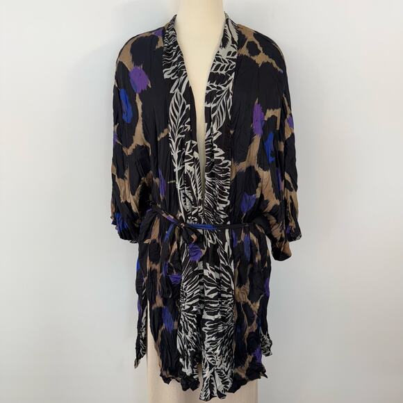 Alembika Amethyst Crinkle Kimono Jacket Black Multicolor XL - Picture 2 of 13